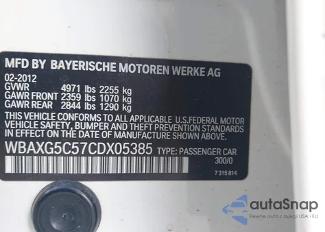 2012 BMW 528I z USA, uszkodzony, nr VIN WBAXG5C57CDX05385